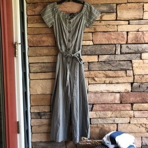 Derek Heart taupe tan white stripe lightweight short sleeve jumpsuit New Women M